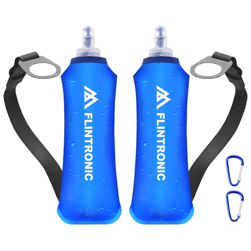 flintronic TPU Faltbarer Trinkflaschen, 2 Stück 500ml Soft Flask mit Handschlaufe und Karabiner, BPA-Frei Sportflasche für Trinkrucksack, Fahrrad, Wandern, Joggen,Camping und Klettern (Blau)