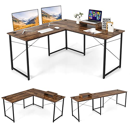 COSTWAY Schreibtisch L-Form, reversibler Eckschreibtisch mit Monitorständer, Ecktisch mit 3 Kabellöchern, Gaming Computertisch Bürotisch für Home Office, 150 x 150 x 74 cm (Rustikales Braun)