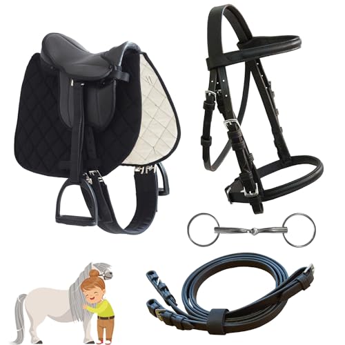 My Sweet Pony® Kinder Shetty Sattel-Set + Trense + Gebiss + Zügel | für Pony Shetty und Holzpferd | Alles enthalten | Komplett-Set | Ideal für erste Reitversuche | Sattel DIN geprüft