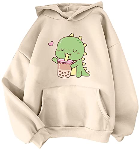 YINGKE Damen Teenager Kawaii Soft Hoodie Niedliche Dinosaurier Anime Print Lange Ärmel Herbst Winter Sweatshirt Mädchen Sweatshirt(XS,BeigeMilktea)