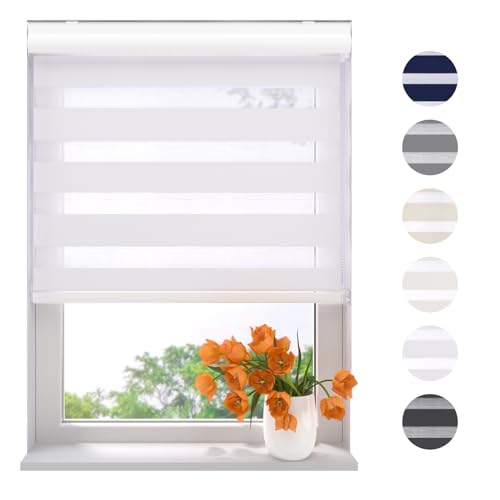 Radeco® Doppelrollo mit Kassette 40 x 130 cm (BxH) weiß, Blickdicht oder Transparent, ohne Bohren möglich, doppelrollo wandmontage, Duo Rollo, doppelrollo 40 cm breit