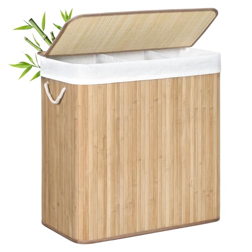 SONGMICS Wäschekorb, 150 l, schmutziger Wäschekorb, 3 Sortierfächer, Deckel aus Bambus, Griffe, faltbar, abnehmbarer Beutel, maschinenwaschbar, für Waschküche, Schlafzimmer, Holzfarbe LCB091N01