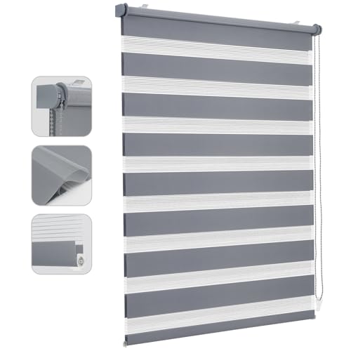 Sekey Doppelrollo Klemmfix ohne Bohren für Fenster, Doppelrollo 80 cm breit, Duo Rollo Jalousie Sonnenschutz, 80x100cm, Grau