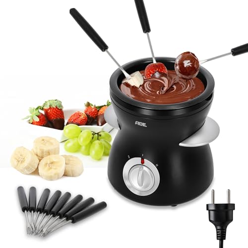 ADE elektrisches Schokofondue 500ml mit 8 Spießen | 2 Temperaturstufen zum Schmelzen und Warmhalten | Temperiergerät für Schokolade und Kuvertüre | herausnehmbare teflonbeschichtete Schüssel