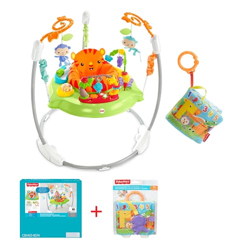 Fisher-Price Bundle Pack - Rainforest Jumperoo (CHM91) + Kleines Spielbuch (FGJ40) mit Lichtern, Musik und abnehmbarem Spielzeug, Babyspielzeug ab der Geburt