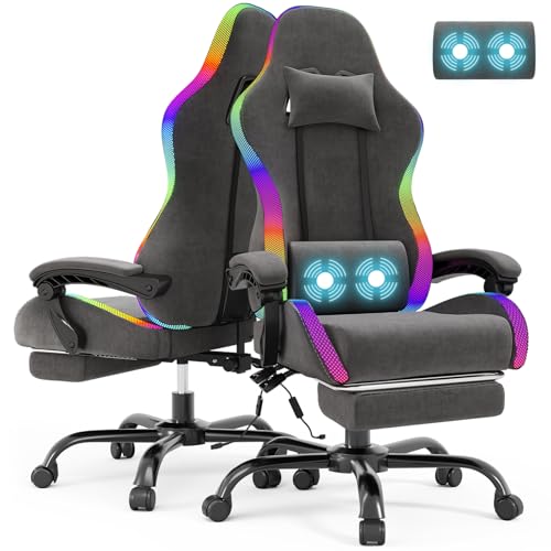 Devoko Gaming-Stuhl aus Stoff mit LED und Teleskop-Fußstütze, Gaming-Stuhl mit Verstellbarer Rückenlehne 90-135°, ergonomischer Gaming-Sessel, Tragkraft 150 kg (schwarz)