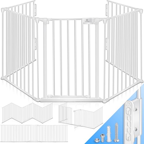 KESSER® Kaminschutzgitter mit Tür 305 cm Metall Ofenschutzgitter Laufgitter Laufstall Absperrgitter Tierschutzgitter Türschutzgitter für Kinder-Sicherung, 5-teilig Elemente (je 60 x 75 cm) Weiß