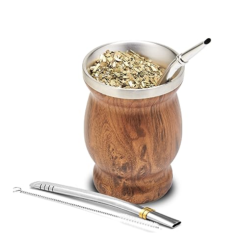 balibetov Yerba Mate Tee Set (Mate Becher) aus Rostfreiem Edelstahl mit Bombilla (Strohhalm) für Mate, Yerba Mate Set Leicht zu Reinigen und Sehr Widerstandsfähig (Holz)