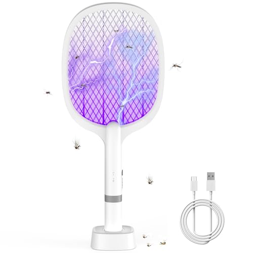 YOUBST Electric Elektrische Fliegenklatsche 5000V, Extra Stark Fliegenklatsche Elektrisch, 2 in 1 USB Typ-C Elektro Mückenklatsche mit Akku Aufladbar& UV Lichtfalle für Mücken, Fliegen, Wespe, Motten