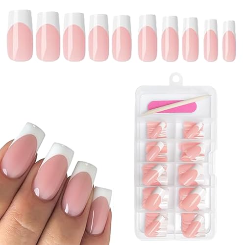 Goiern 120pcs White French Tip Press on Nails Medium Square Fake Nails Nude False Nails Square French Press ons Square Nail Acrylic Artificial Nailfor Women Girls