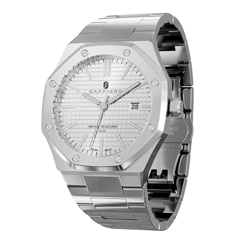 SAPPHERO Uhren Herren Quarzwerk Silber Edelstahl Armband 30M Wasserdicht Datum Kalender Schwarz Blau Herrenuhren Armbanduhr Geschenke für Männer