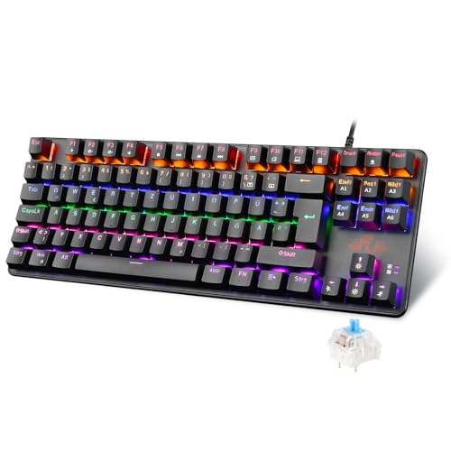 Rii Mechanische Tastatur Gaming Keyboard, Gaming Tastatur TKL mit QWERTZ, Tastatur Mechanisch mit Blaue Schalter (Laut), Tastatur Kabel (Nicht Hot-Swap-fähig, Schäfte sind Nicht austauschbar)