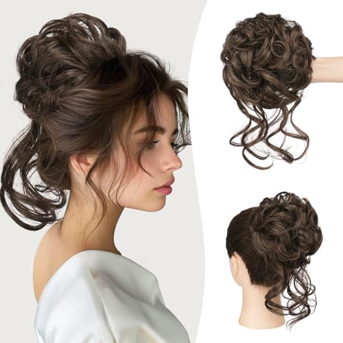 Sofeiyan Haarteil mit Gummiband Gelockt Dutt Haarteil Mit Haaren Hochsteckfrisuren Synthetisch Messy Bun Haar Tousled Updo Haarteile für Frauen Mädchen, Brünett Braun