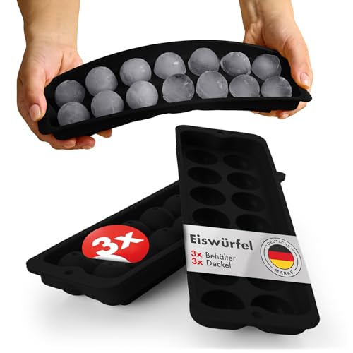 Blumtal Eiswürfelformen Silikon 3er Set - 14er Eiswürfelform mit Deckel - BPA-freie Silikon Eiskugelform -Silikonform Eiswürfel Kugel rund - Ice Ball Maker - Schwarz