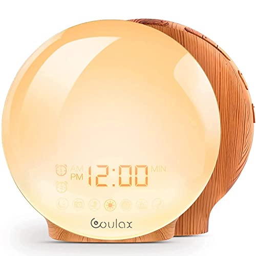 Lichtwecker Wake Up Licht - Snooze Light Alarm Clock FM Radio Coulax Tageslichtwecker mit 2 Weckzeiten 7 Naturgeräuschen und Holzoptik wecker für Erwachsene & Kinder