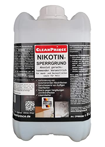 CleanPrince Nikotin-Sperrgrund 5 Liter | Voranstrich Sperrgrundierung Lösemittelfrei Geruchssperre Sperrgrund für Wand- und Decken sowie Holz | keine Farbe