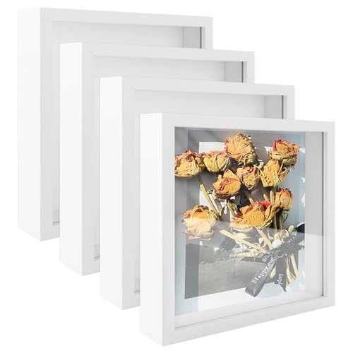 GBACHOOSE 4 Stück 3D Bilderrahmen zum Befüllen, 3D Bilderrahmen 20x20 cm, Bilderrahmen Quadratisch Weiß, Bilderrahmen Tief zum Befüllen, Bilderrahmen Befüllbar für Fotos, Hochzeitssträuße, Souvenirs