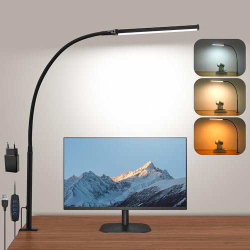 LED Schreibtischlampe Klemmbar, Dimmbare Schreibtischlampe mit 3 Farben und 10 Helligkeitsstufen, Augenschonende Tischlampe, Tageslichtlampe Schreibtisch Lampe, Klemmleuchte, Schwarz