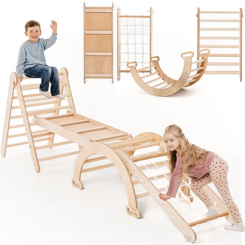 4-in-1 Indoor Klettergerüst für Kleinkinder - Dreiecksleiter, Kletterbogen & Kletterrampe & Netz, Montessori Klettergerüst, Kinder Holzspielplatz, Klappbare Kletterspielzeuge für Kinder von 1-5 Jahren