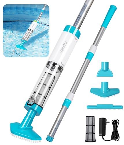 LanBlu Poolsauger Akku mit Teleskopstange, 3 in 1 Pool Staubsauger Laufzeit bis zu 90 Min, Batterie Poolsauger Bodensauger mit Starker Saugleistung, Tragbarer Pool Sauger Kabellos für Spas Kleine Pool