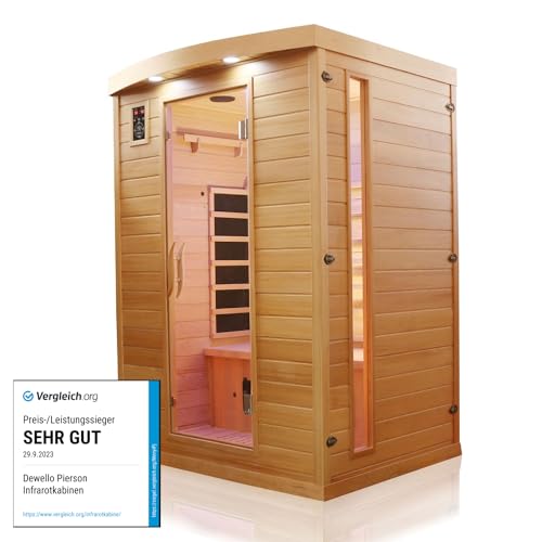 Dewello® Infrarotkabine Infrarotsauna Pierson 135cm x 105cm 1-2 Personen aus Hemlock Holz mit Vollspektrumstrahler, Bodenstrahler, LED-Farblicht, Bluetooth, FM,MP3,USB