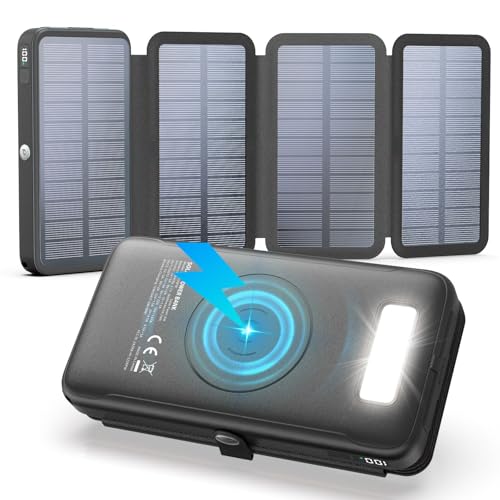 Wireless-Solar-Powerbank-27000mAh - FEELLE 22,5W Schnellladung USB-C Externer Akku Pack mit PD 4.0 QC 3.0 USB-Ausgang & 4 Solarpanel für Smartphones Tablets (Schwarz)