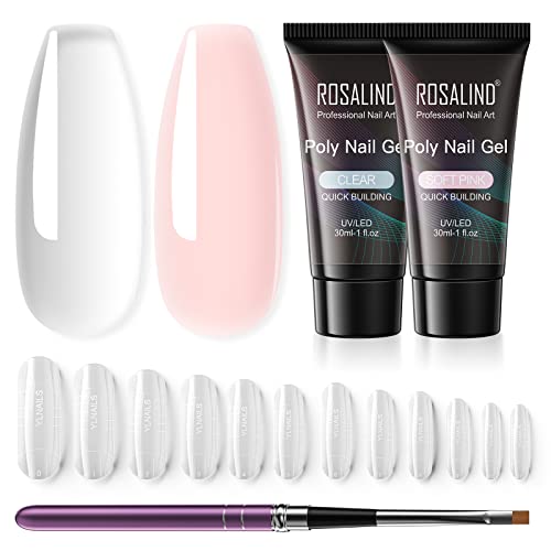 ROSALIND Poly Nagel Gel Starter Set, Poly Nail Gel Transparent Rosa 30ml 2 Farben Acrylgel für Nägel UV/LED Nagellack mit Nagelbürste und Nägel Tipps, Nagelverlängerung Gel für Anfänger Home Salon