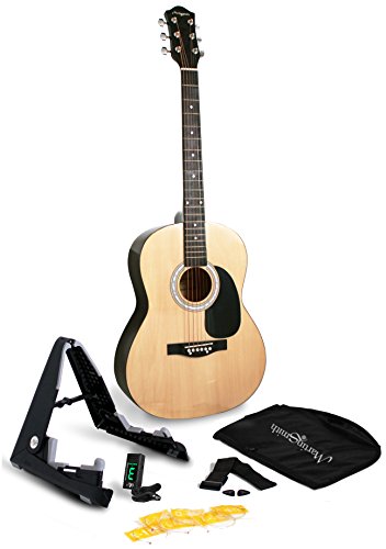 Martin Smith Akustikgitarren-Set mit Akustikgitarre in voller Größe, Gitarrenständer, Gitarrentuner, Gitarrentasche, Gitarrengurt, Gitarrenplektren und Ersatzsaiten