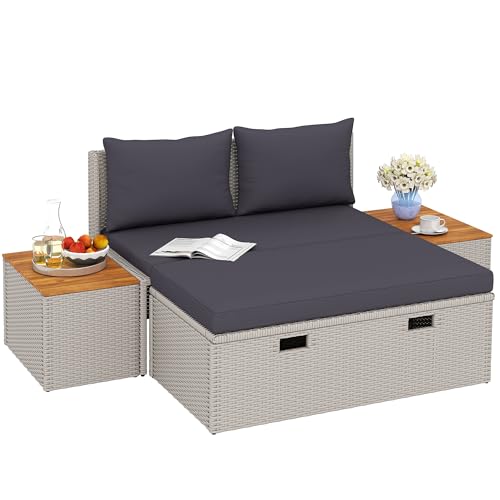 Outsunny Polyrattan Sonnenliege für 2 Personen Doppelliege mit Fußhocker Stauraum Schirmloch wetterfest Gartenliege 320kg Belastbar Gartenmöbel Liegestuhl Relaxliege für Garten 125x114x72,5 cm Grau