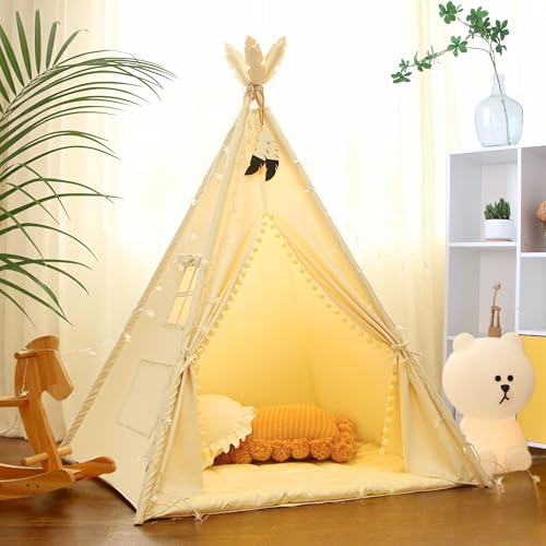 LIONHERZ® DAS ORIGINAL Tipi Zelt für Kinder aus 100% Baumwolle mit Federdeko, Kuschelmatte, Stabilisator, Tragetasche [Stabil] Tippi Kinderzelt Teepee Spielzelt (Cremeweiß)
