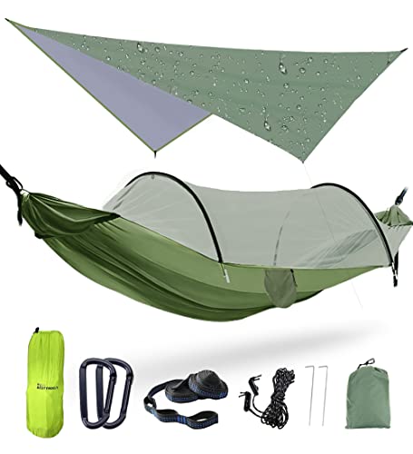 Ultraleicht Outdoor Hängematte mit Moskitonetz und Regenfliege Tarp, 2 Personen Camping Hängematte,660 lb Load Capacity,Tragbare Fallschirm Nylon Hängematte für Rucksackreisen, Wandern, Garten