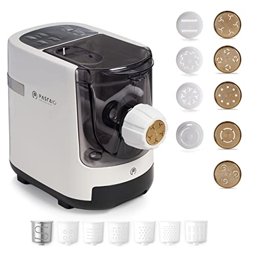 PASTAIO | Nudelmaschine mit DOPPELTEM Extruder und 5 Bronzeformen. Nudelmaschine, bis zu 800 g Teig, automatisches Wiegen, inklusive 16 Formen für 21 Nudelsorten.