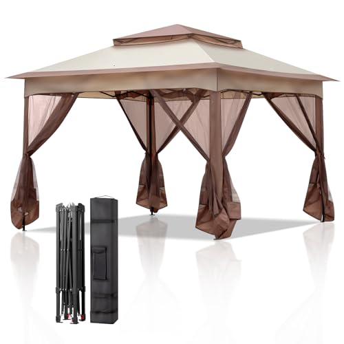 LEADZM Pavillon,Faltpavillon 3,3 x 3,3 m,4 Moskitonetz,Gazebo,Wasserdicht,Winddicht，Stabil,UV Schutz 50+,Doppeldach Design,Belüftet,Partypavillon,Gartenzelt,für Patio,Garten,Camping,Khaki,Beige