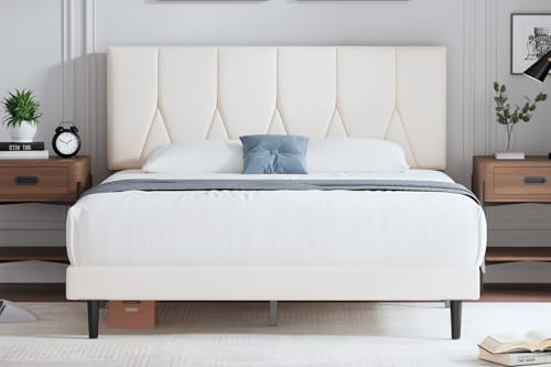 Yocreat Polsterbett 180 x 200 cm Bettgestell Doppelbett Bettrahmen mit Kopfteil, Stoffbett mit Lattenrost, Einfache Montage, Beige