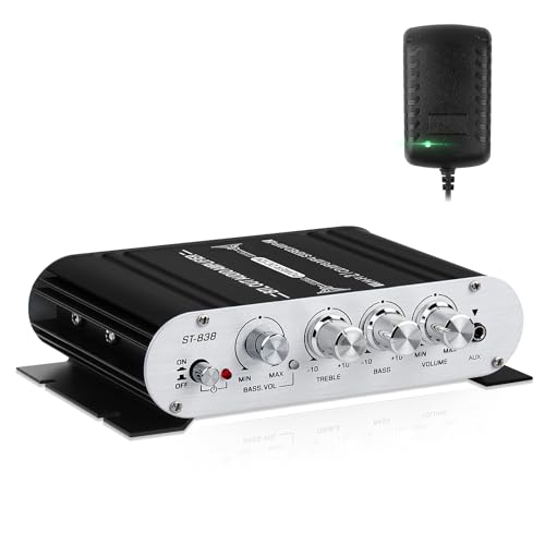 HiFi Audio Verstärker,2.1CH Stereo Verstärker,RMS 20Wx2+40W ST-838 mit Subwoofer Ausgang KlasseD Mini Digital Endstufe Empfänger mit AUX für Zuhause,Auto Lautsprecher,Schwarz(Inklusive Netzadapter)