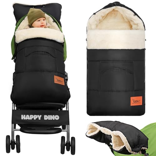 EAQ kinderwagen Fußsack Baby Fußsack Schlafsack,Babyfußsack für Babyschale,handmuff für kinderwagen mit Fleece Innenseite, Winter Geschenk für Neue Eltern (Schwarz mit Handschuhen (alles in einem))