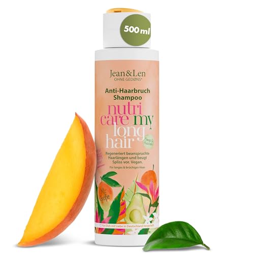 Jean & Len Shampoo Anti-Haarbruch Mango & Avocado, für langes & brüchiges Haar, regeneriert beanspruchte Haarlängen und beugt Spliss vor, fruchtiger Mango-Duft, ohne Silikone & Parabene, vegan, 500 ml
