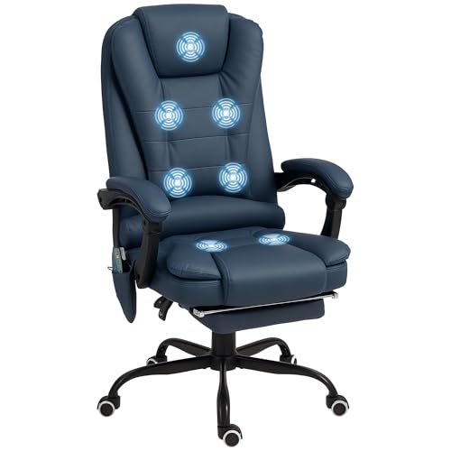 Vinsetto Bürostuhl mit Massagefunktion, ergonomischer Chefsessel mit Liegefunktion, höhenverstellbar drehbar Schreibtischstuhl mit Fernbedienung, Seitentasche, Kunstleder, Blau