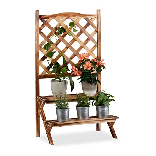 Relaxdays Blumentreppe mit Rankgitter, Blumenregal 2 Ebenen, stehende Pflanzentreppe Holz, HBT: 109x61x40 cm, gebrannt