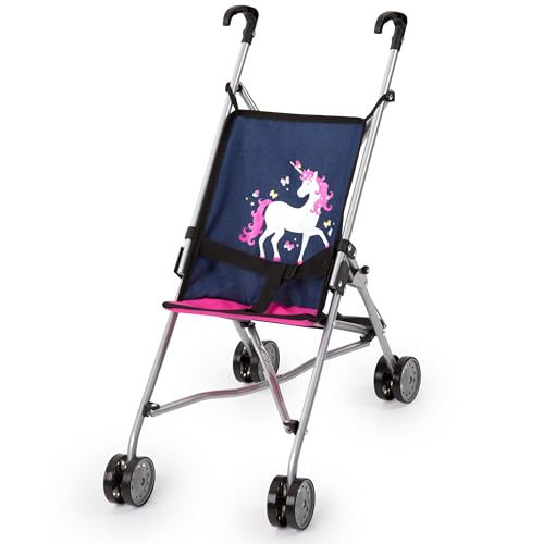 Bayer Design 30154AA Puppenbuggy, Puppenwagen, Doppelräder, Gurt, leicht faltbar, aus Metall, Blau, Rosa