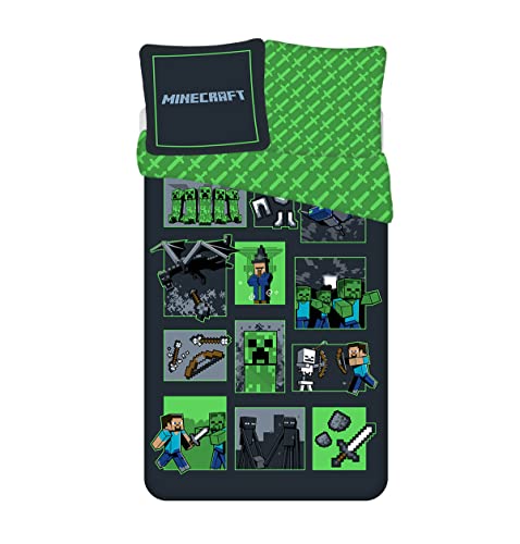 Jay Franco Bettwäsche Minecraft Survival Mode, 100% Baumwolle, Bettbezug 140 x 200 cm + Kissenbezug 65 x 65 cm
