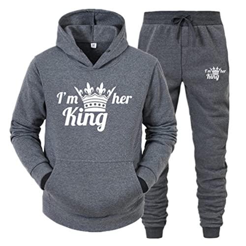 Minetom Pärchen Sportanzug King Queen Pullover Kapuzenpullover Hoodie Valentinstag Liebespaar Couple Jogginganzug Freizeitanzug Oberteile und Hose Set für Paare Dunkelgrau King L