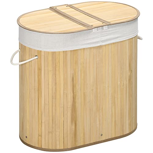 HOMCOM Bambus Wäschekorb mit Deckel 100L Wäschesammler mit Griffen, 2 herausnehmbarer Wäschesack, Wäschesortierer Wäschebox für Waschküche, Badezimmer, Schlafzimmer, Naturholz