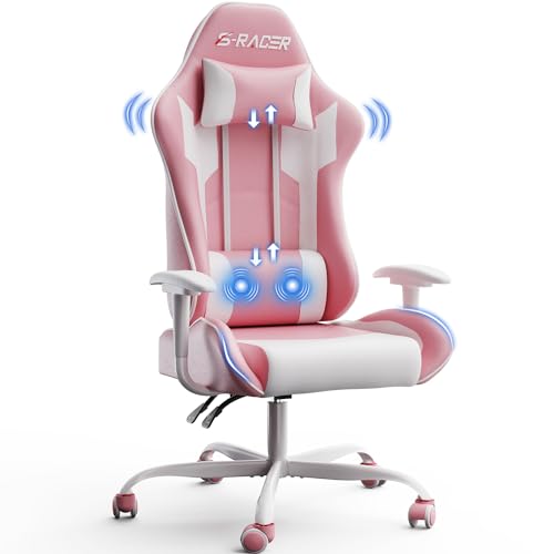 JUMMICO Massage Gaming Stuhl, Bürostuhl Ergonomisch mit Lendenwirbelstütze, Computerstühle Racing Bürostühle Gaming Sessel, Höhenverstellbar Liegestuhl Schreibtischstuhl 150kg Belastbarkeit, Rosa