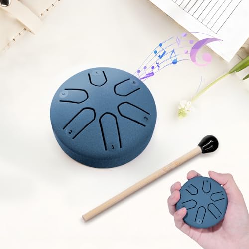 BNEHHOV Steel Tongue Drum 3 Zoll 6 Töne Zungentrommel mit Schlägeln Stahlzungentrommel Handpan Drum Percussion Instrument für Meditation Yoga Klangheilung für Anfänger und Kinder (Navy blau)