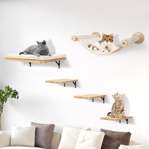 Sofoteaful Katzen kletterwand Set mit Katzenbaum Hängematte,Katzentreppe Wand, Massivholz Katzenwandmöbel Set 5-Teiliges Katzen Wandelemente für Katze Catwalk