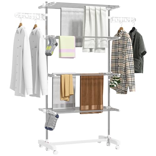 HOMCOM Wäscheständer Turm Standtrockner mit 4 Ebenen, klappbare Flügel, Rollen, Turmwäscheständer für Innen und Außen, 142 x 55 x 172 cm, Weiß