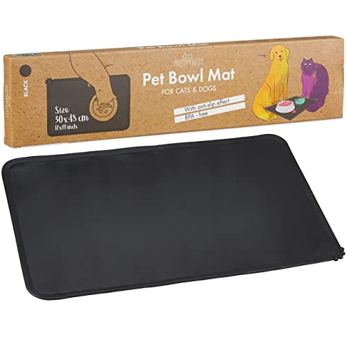 Napfunterlage für Katzen und Hunde in schwarz – lebensmittelechtes Silikon – rutschfeste Unterlage für Futternapf Hund und Katzen Futternapf – 30x48cm – wasserdichte Napf Matte von PRETTY KITTY