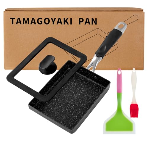 RATWIA Premium Tamagoyaki Pfanne – 17,8 x 12,7 cm japanische Omelettpfanne mit Antihaftbeschichtung, Deckel und Ölbürste