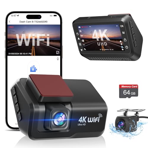 CHORTAU Dashcam Auto Vorne Hinten 4K+1080P, WiFi Dash Cam 3 Zoll LCD Anzeige mit 64GB SD Karte, Dual Auto Kamera mit APP Steuerung, Super Nachtsicht, WDR, G-Sensor, Loop-Aufnahme, Parküberwachung